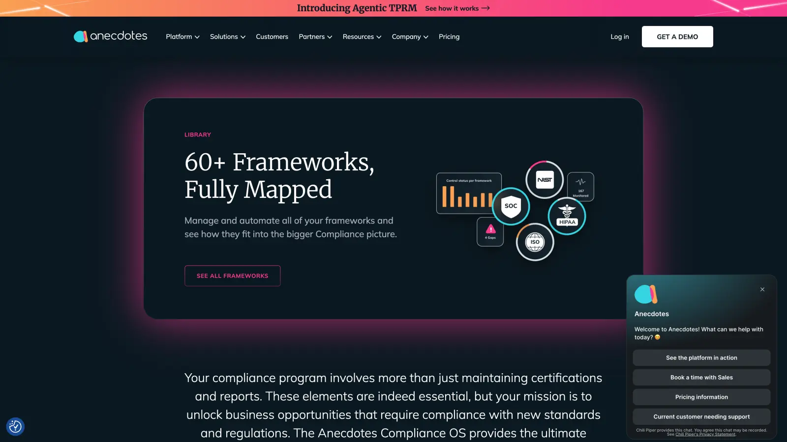 Anecdotes framework library page showing cross-mapped frameworks and enterprise GRC positioning.