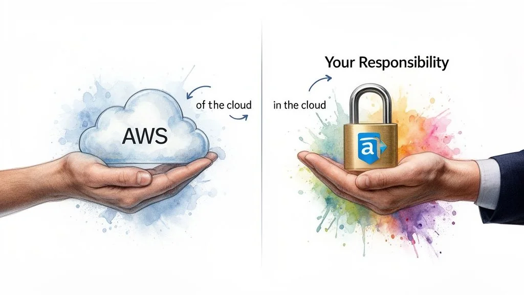 Visualizing the AWS Shared Responsibility Model with 'of the cloud' and 'in the cloud'.