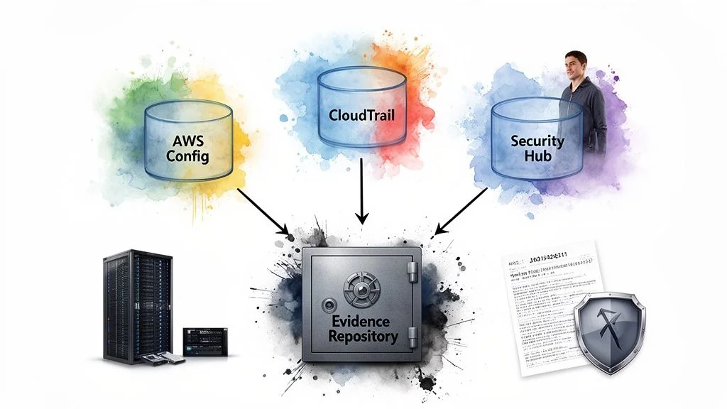 Diagram showing AWS Config, CloudTrail, and Security Hub feeding data into an Evidence Repository safe, with servers, a document, and a security shield.
