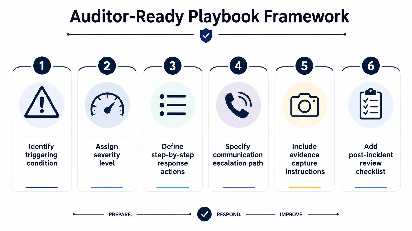A six-step diagram titled Auditor-Ready Playbook Framework outlining procedures for incident management and security operations.