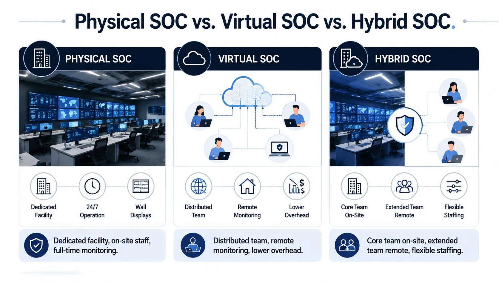 A comparison chart showing the differences between physical, virtual, and hybrid security operations center models.