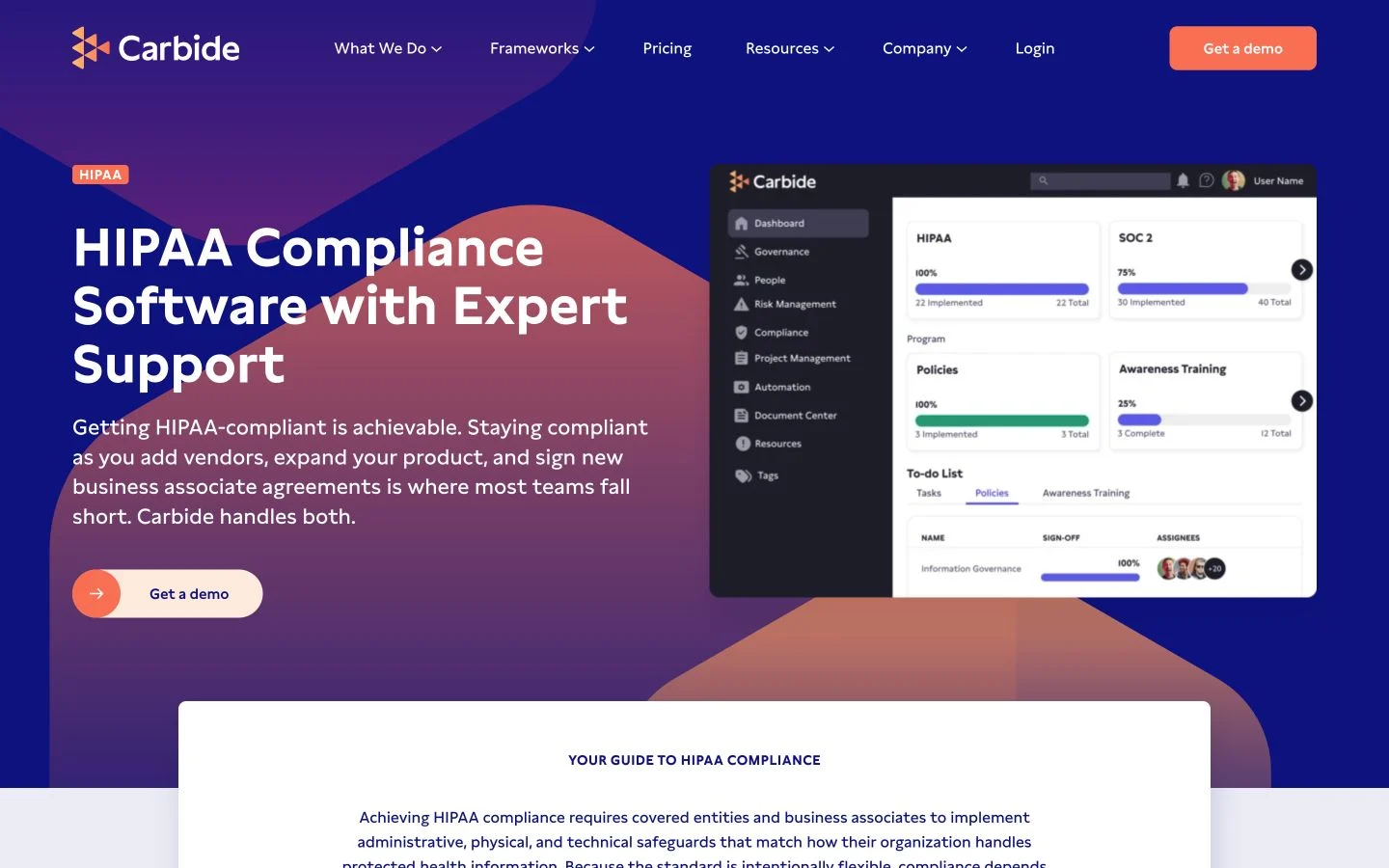 Carbide HIPAA software page with a preview of HIPAA, SOC 2, policy, and training progress.