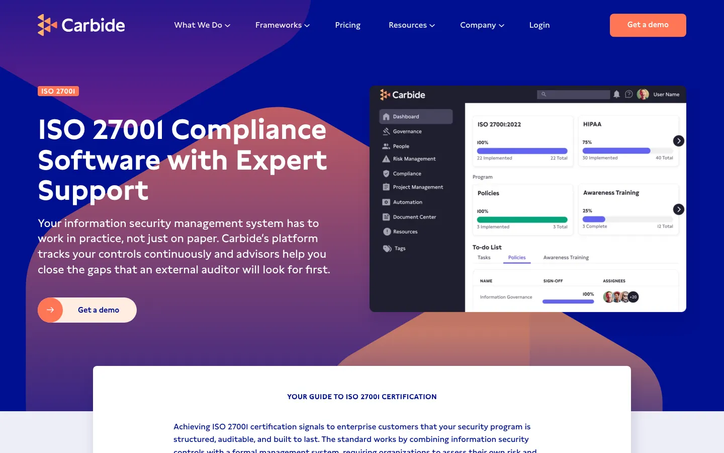Carbide ISO 27001 product page describing advisor-guided risk treatment and auditor access.