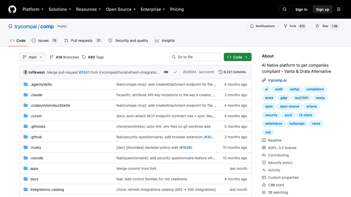 Comp AI public GitHub repository with an AGPL-3.0 licence badge and integrations-catalog folder.
