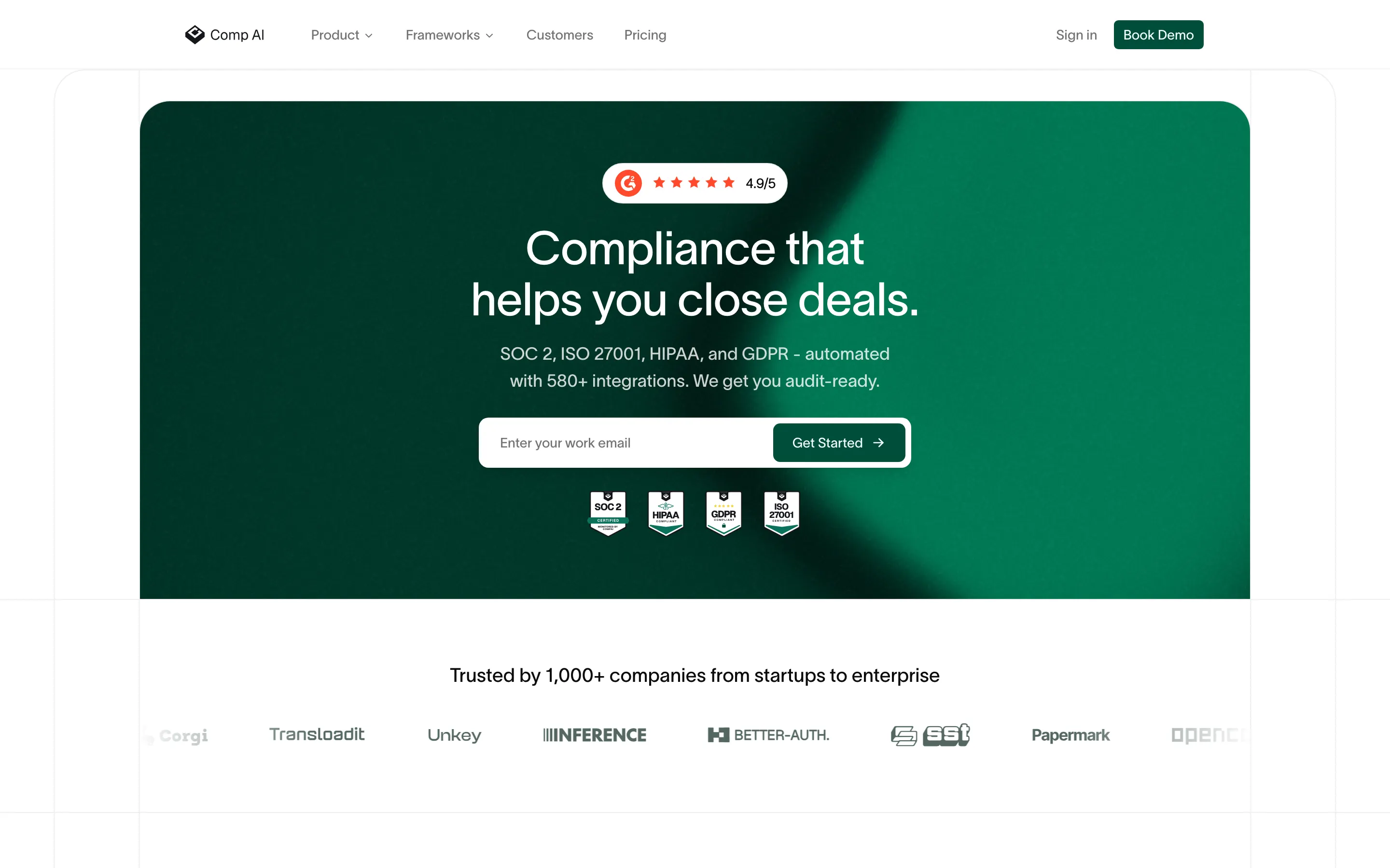 Comp AI homepage, with the headline Compliance that helps you close deals. and a Get Started form on a dark green hero.