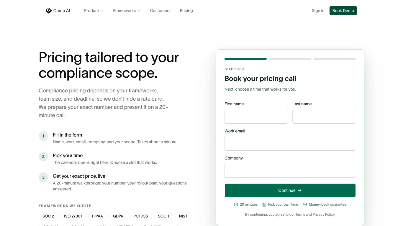 Comp AI pricing page asking the buyer to book a call for a price tailored to compliance scope.