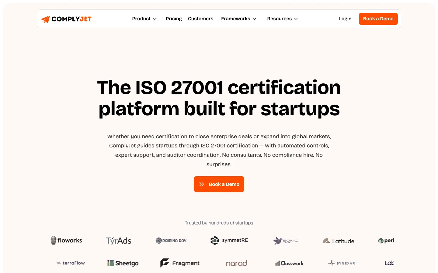 ComplyJet ISO 27001 product page describing SoA, risk, internal audit, and auditor workspace.