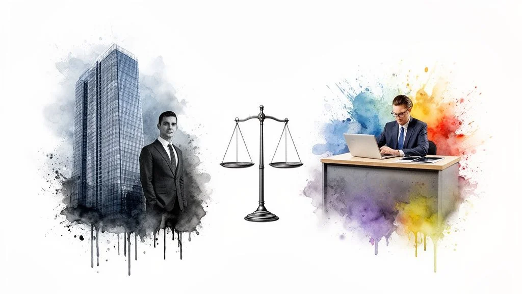A conceptual image balancing corporate structure, legal justice, and technology-driven professional work with watercolor effects.