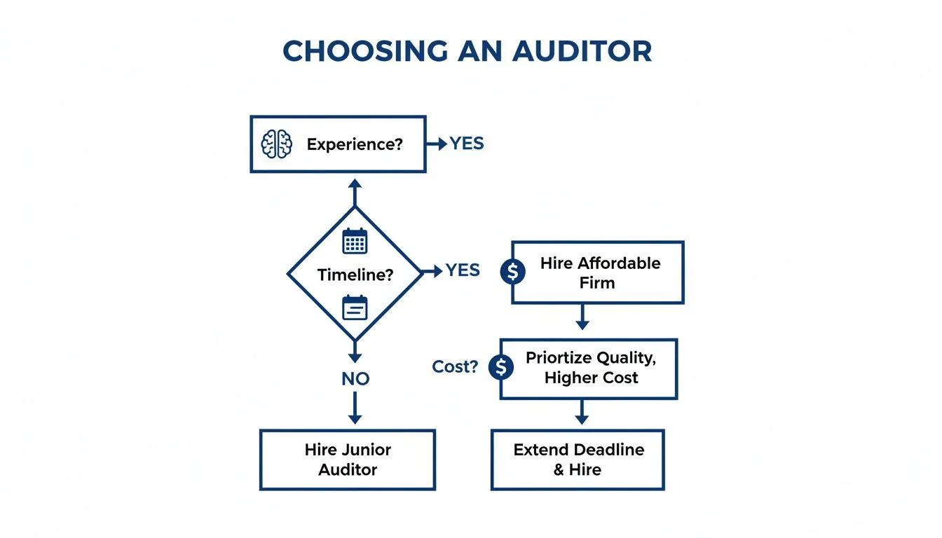 Flowchart detailing the decision process for choosing an auditor based on experience, timeline, and cost.