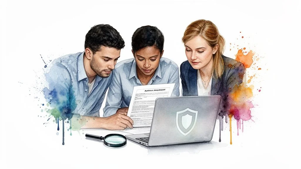 Diverse team collaboratively reviewing a cybersecurity audit document and laptop with a shield icon.