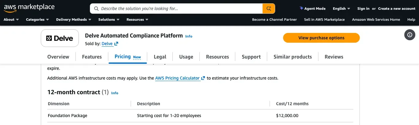Delve-sold AWS Marketplace listing showing the Foundation Package at a $12,000 starting cost for 1–20 employees on a 12-month contract.