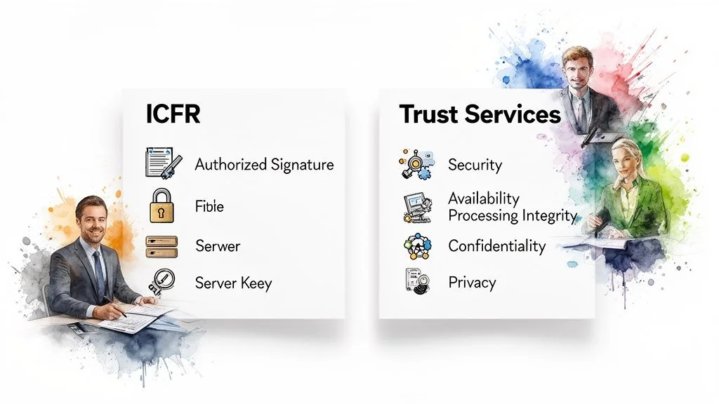 Diagram showing ICFR requirements and Trust Services criteria for security, availability, and privacy.