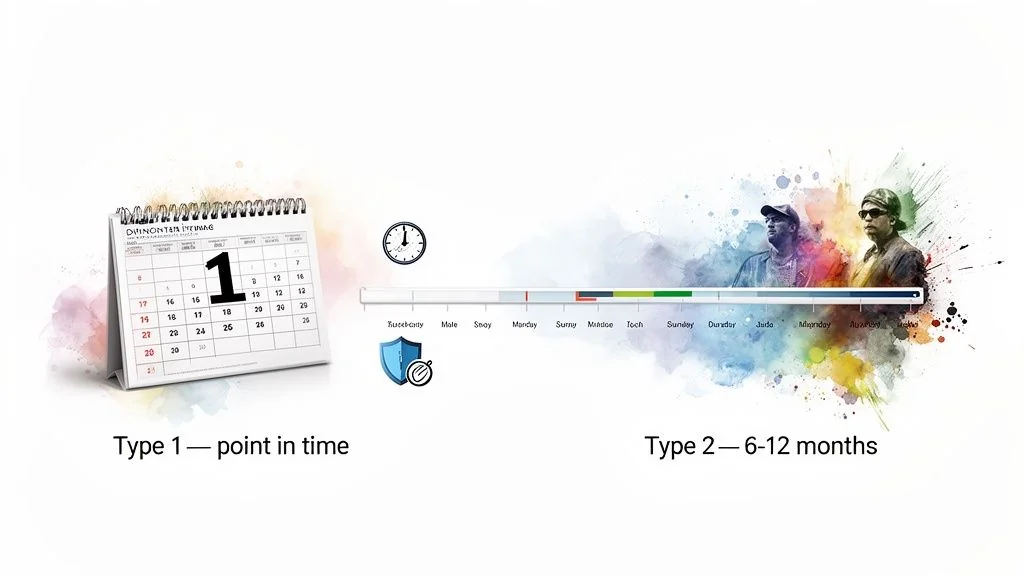 Illustration comparing 'point in time' with a '6-12 months' duration, featuring a calendar and a timeline.