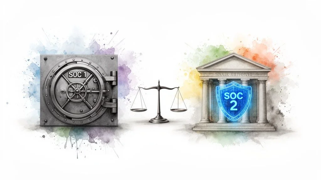 Illustrative comparison of SOC 1 (vault) and SOC 2 (shielded building) compliance reports.