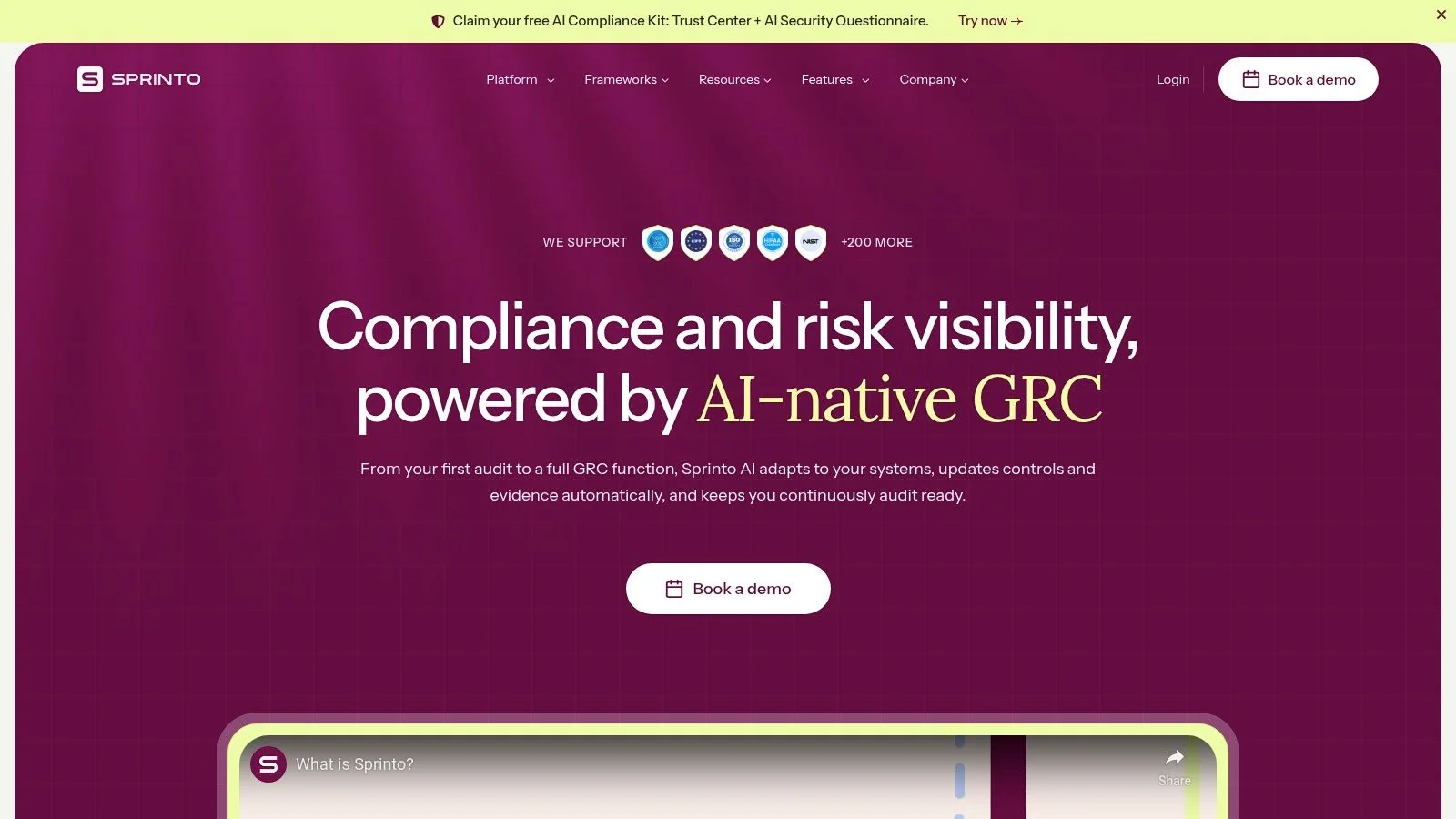 Sprinto's compliance dashboard showing audit readiness and controls
