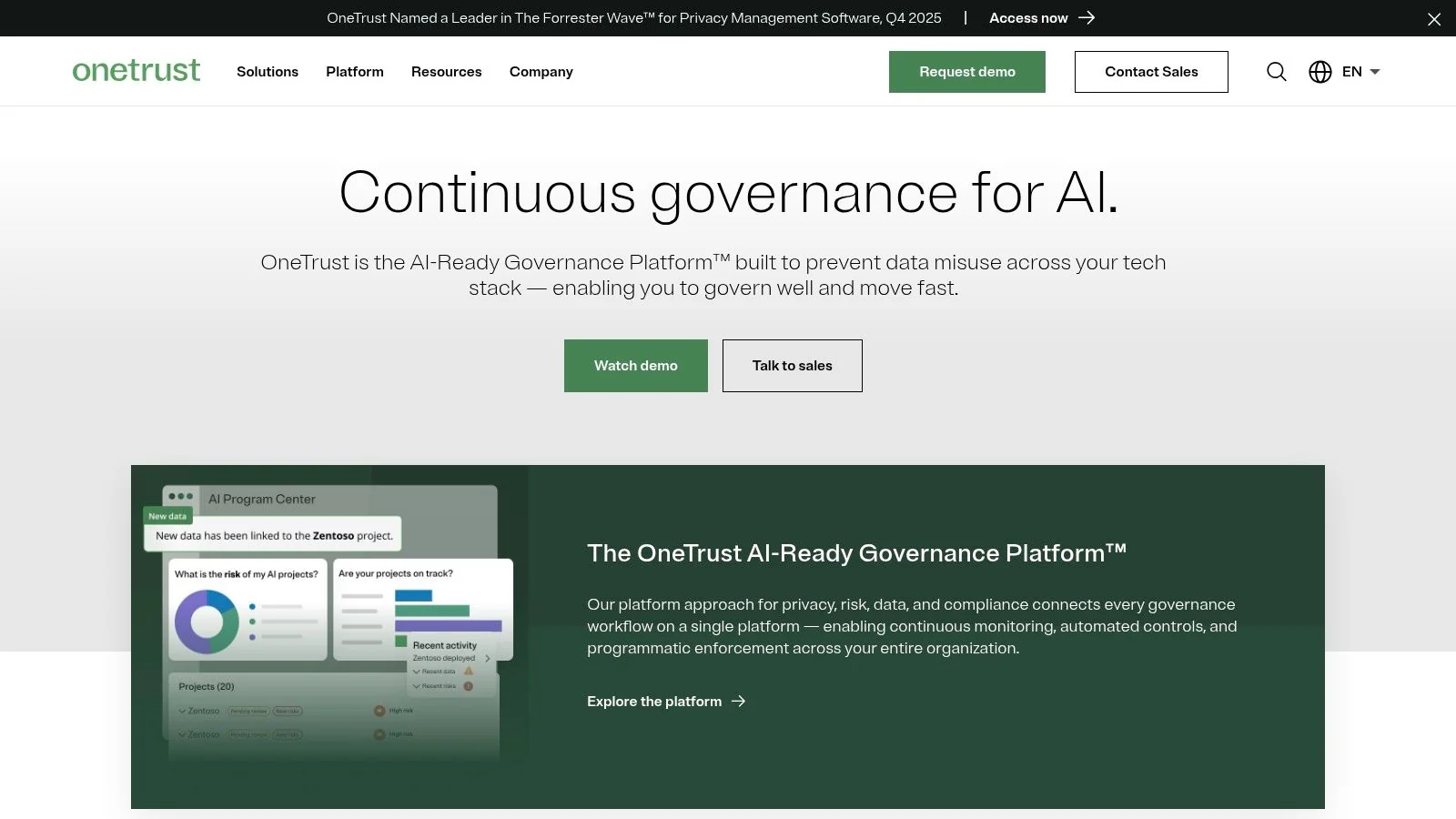 OneTrust's AI governance and compliance dashboard