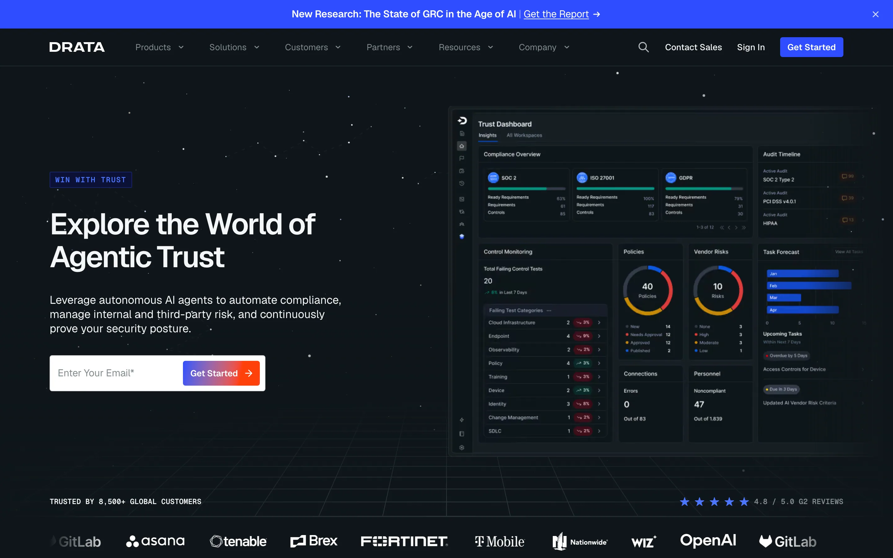 Drata public homepage with a Trust Dashboard product preview.