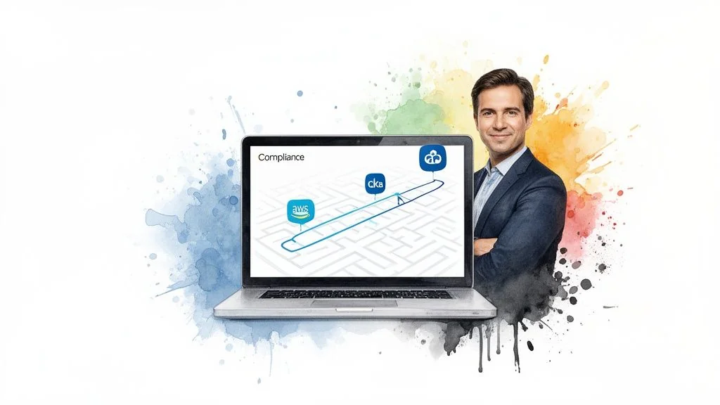 A smiling man in a suit next to a laptop displaying a compliance diagram with AWS, CKA, and cloud services.