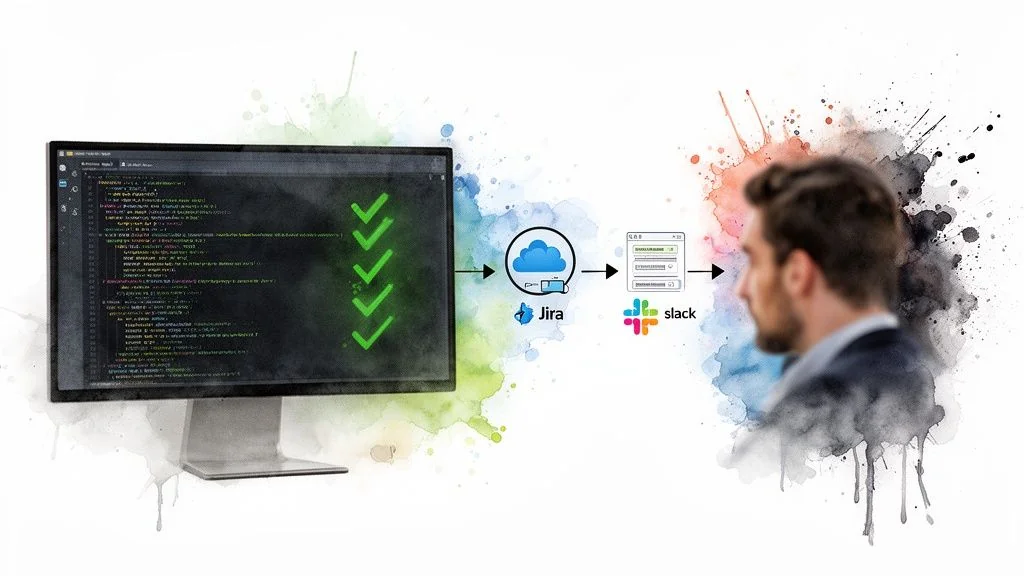 A software development workflow showing code, Jira, Slack notifications, and a developer.