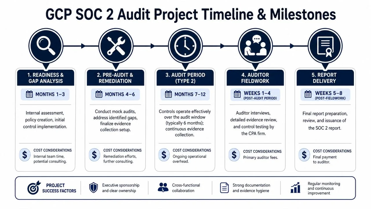 A flowchart showing the five-stage GCP SOC 2 compliance audit project timeline and key success factors.