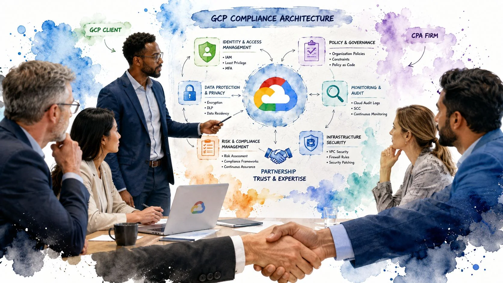 A professional business meeting discussing GCP compliance architecture with a diagram showing cloud security and governance strategies.