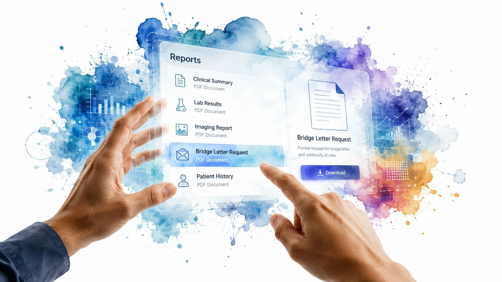 A digital interface shows medical report options being selected by hands against a colorful watercolor splash background.
