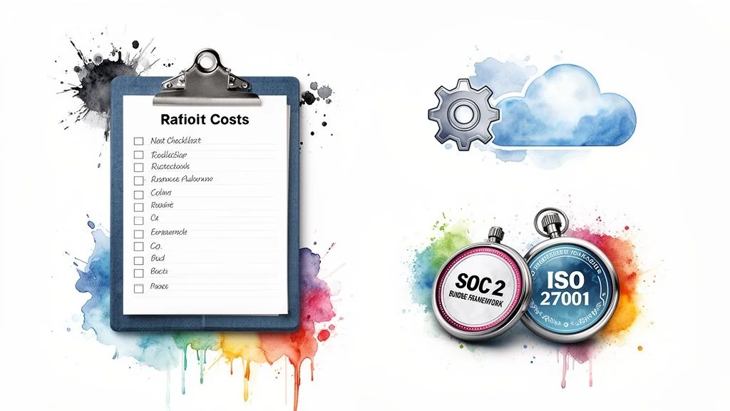 Clipboard with 'Ratioit Costs' checklist, cloud computing icon, SOC 2 and ISO 27001 certifications.