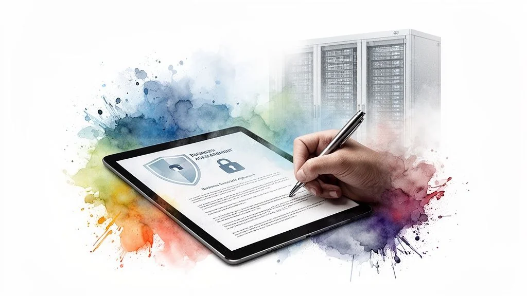 Hand signing a secure business associate agreement on a tablet, with server racks in a digital watercolor setting.