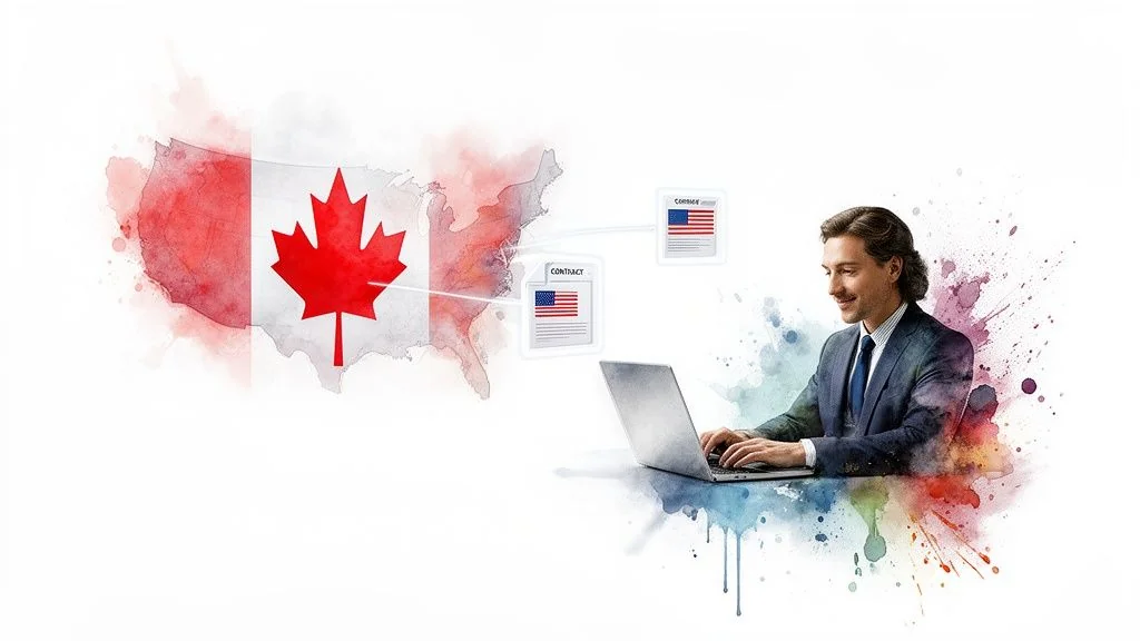 Smiling businessman using laptop with a Canada-USA map and US flag contract documents, representing international agreements.