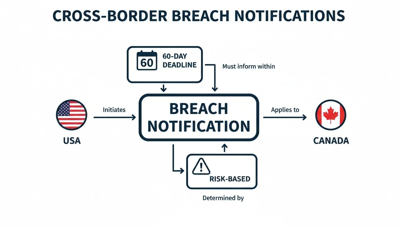 Flowchart illustrating cross-border breach notifications between USA and Canada, detailing a 60-day deadline and risk-based determination.