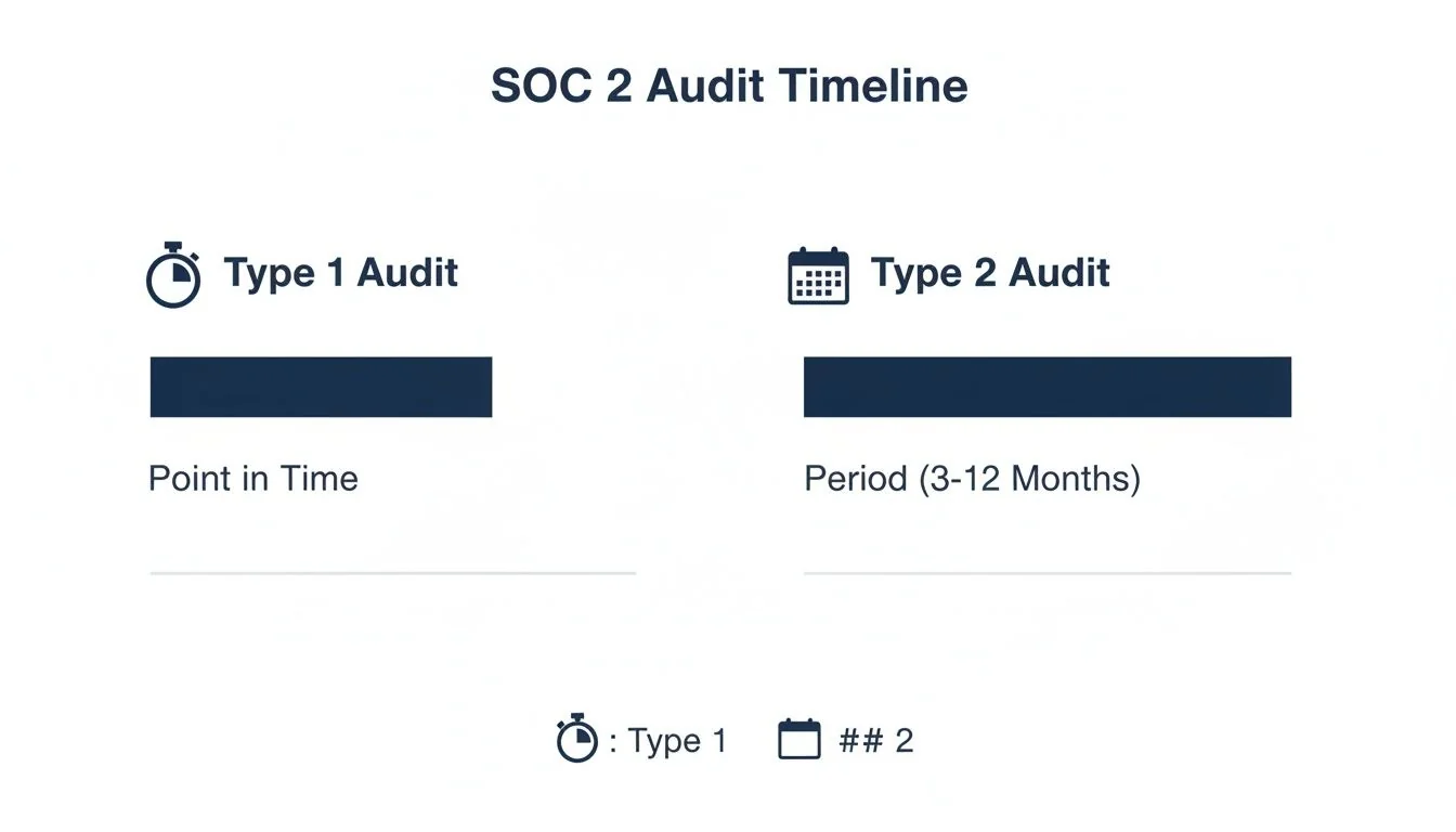 Infographic comparing the duration of SOC 2 Type 1 (point in time) and Type 2 (3-12 months) audits.