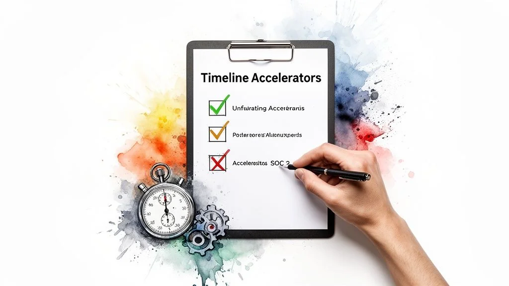 A hand marks a checklist on a clipboard titled 'Timeline Accelerators', with a stopwatch and gears.