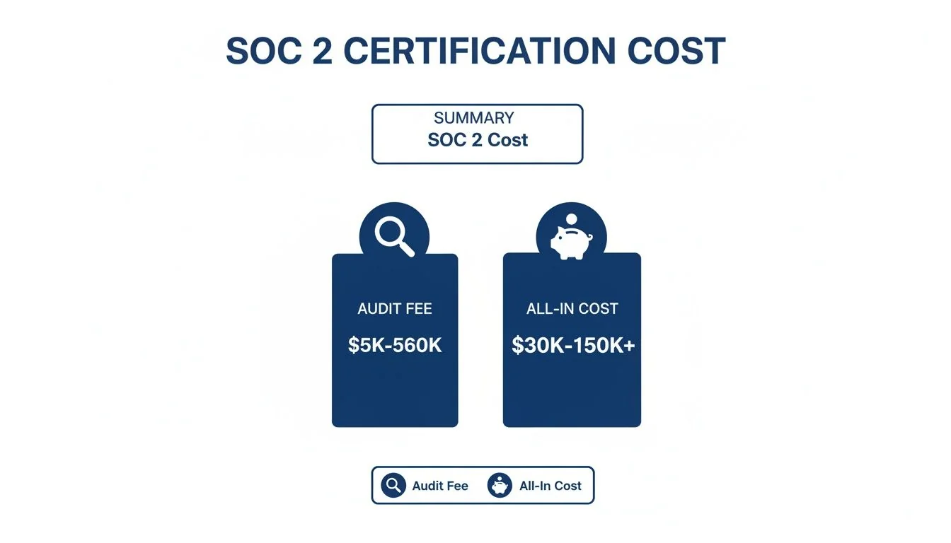 Infographic detailing SOC 2 certification costs, including audit fees ranging from $5K-$560K and total all-in expenses from $30K-$150K+.
