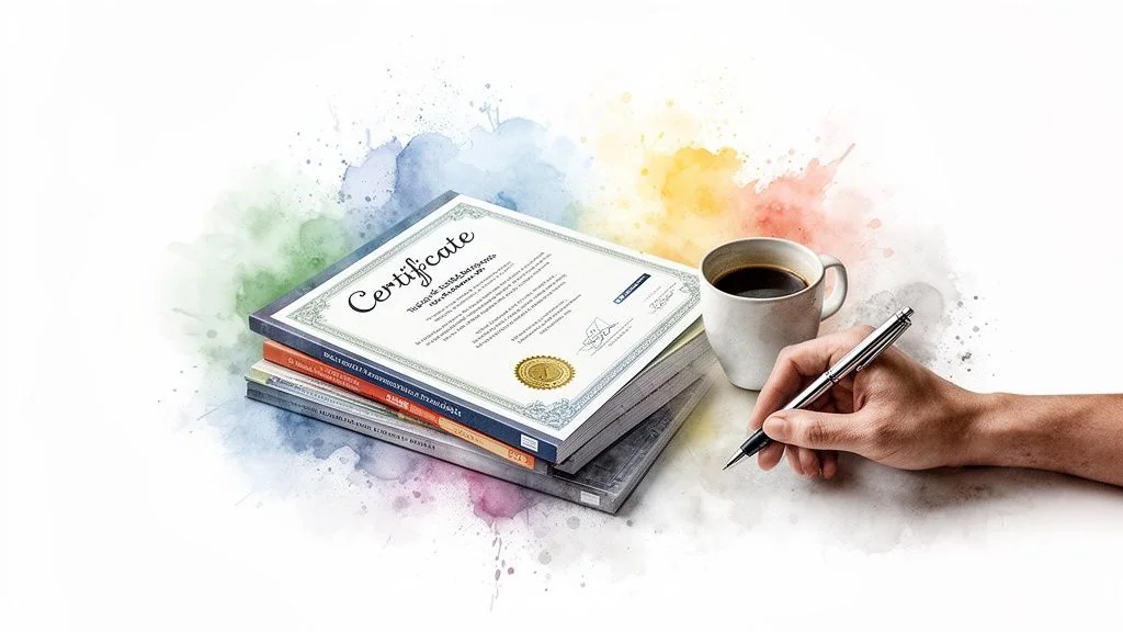 A certificate, books, coffee, and a hand holding a pen, symbolizing education and accomplishment.