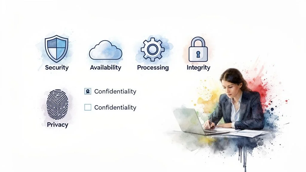 Icons illustrating data security concepts like security, availability, processing, integrity, privacy, and confidentiality, with a woman working on a laptop.