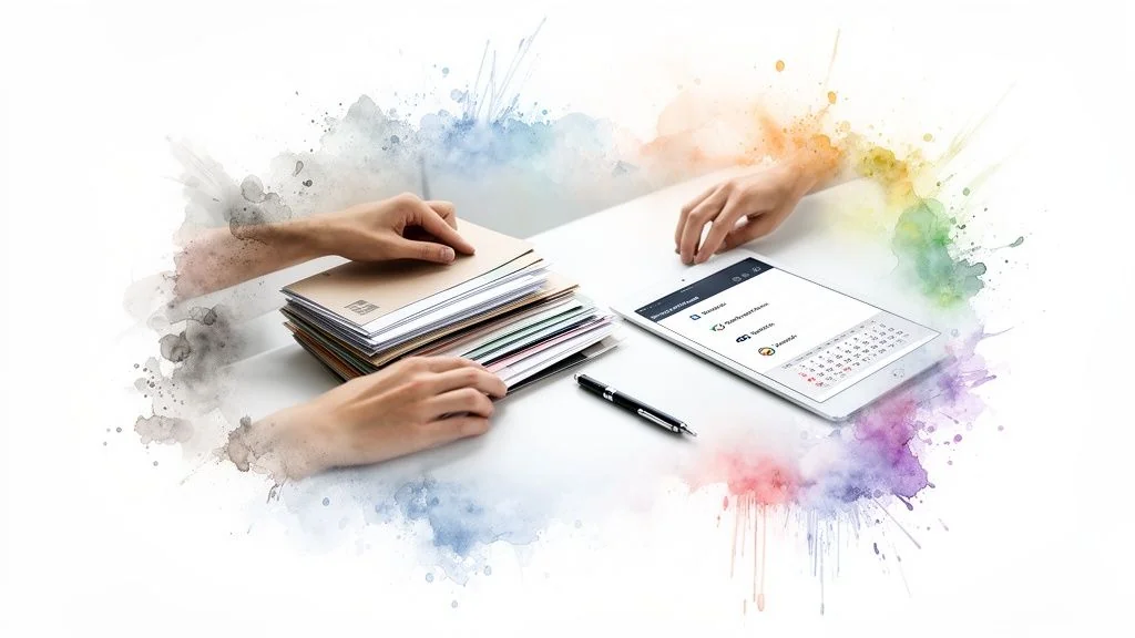 Hands organizing a stack of documents next to a tablet showing a calendar and apps.
