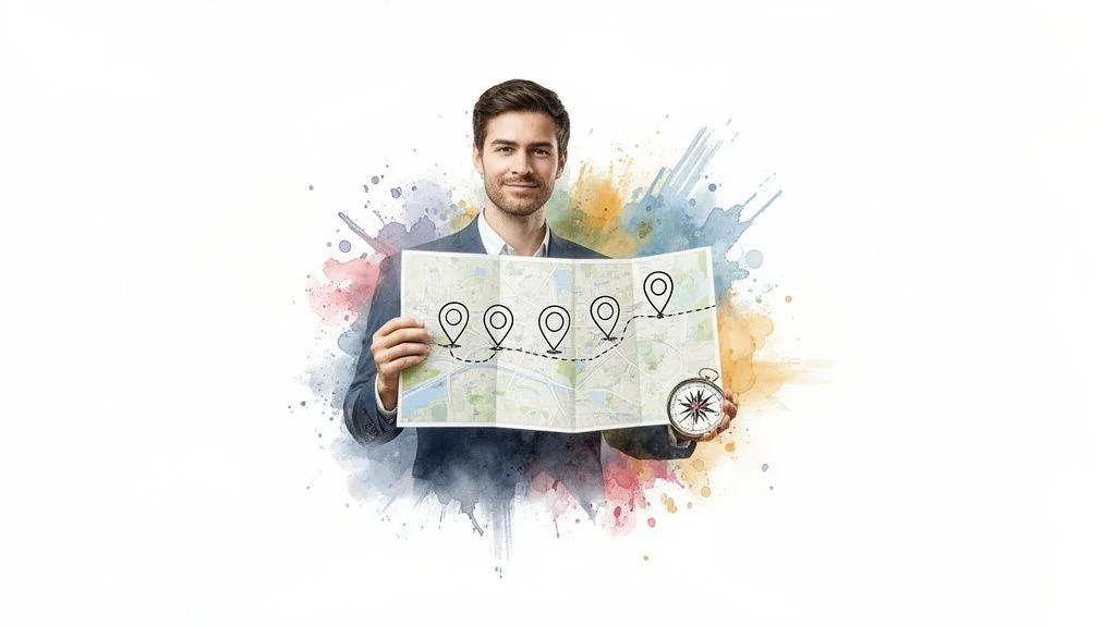 A smiling man holds a map showing a planned route with location pins and a compass.