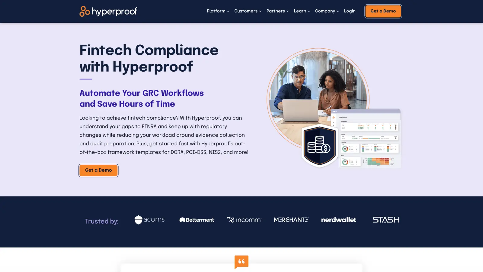 Hyperproof FinTech page marketing evidence, control mapping, risk, and third-party risk workflows.