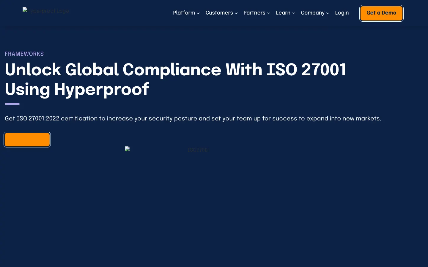 Hyperproof ISO 27001 product page describing SoA generation, internal audit, and nonconformity follow-up.