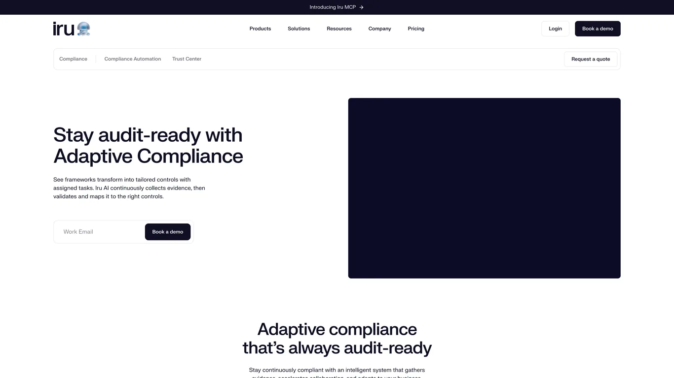 Iru Compliance Automation page with the headline Stay audit-ready with Adaptive Compliance and a Request a quote button.