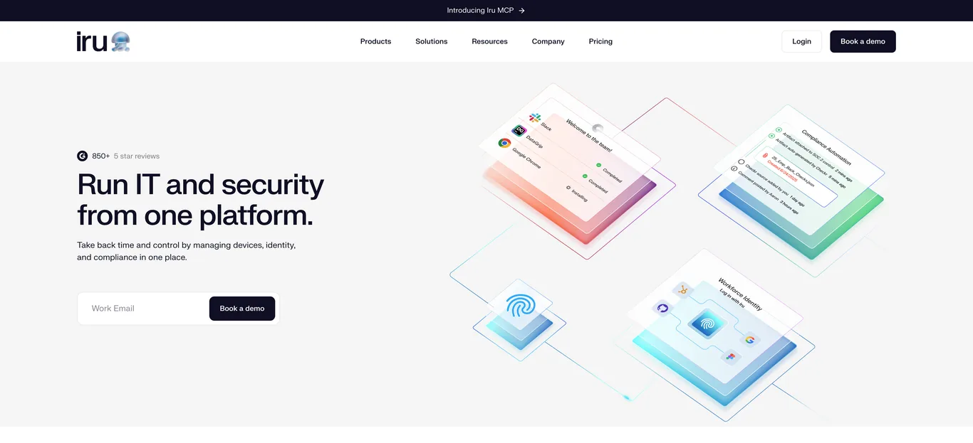 Iru homepage with the headline Run IT and security from one platform and a G2 badge reading 850 plus 5 star reviews.