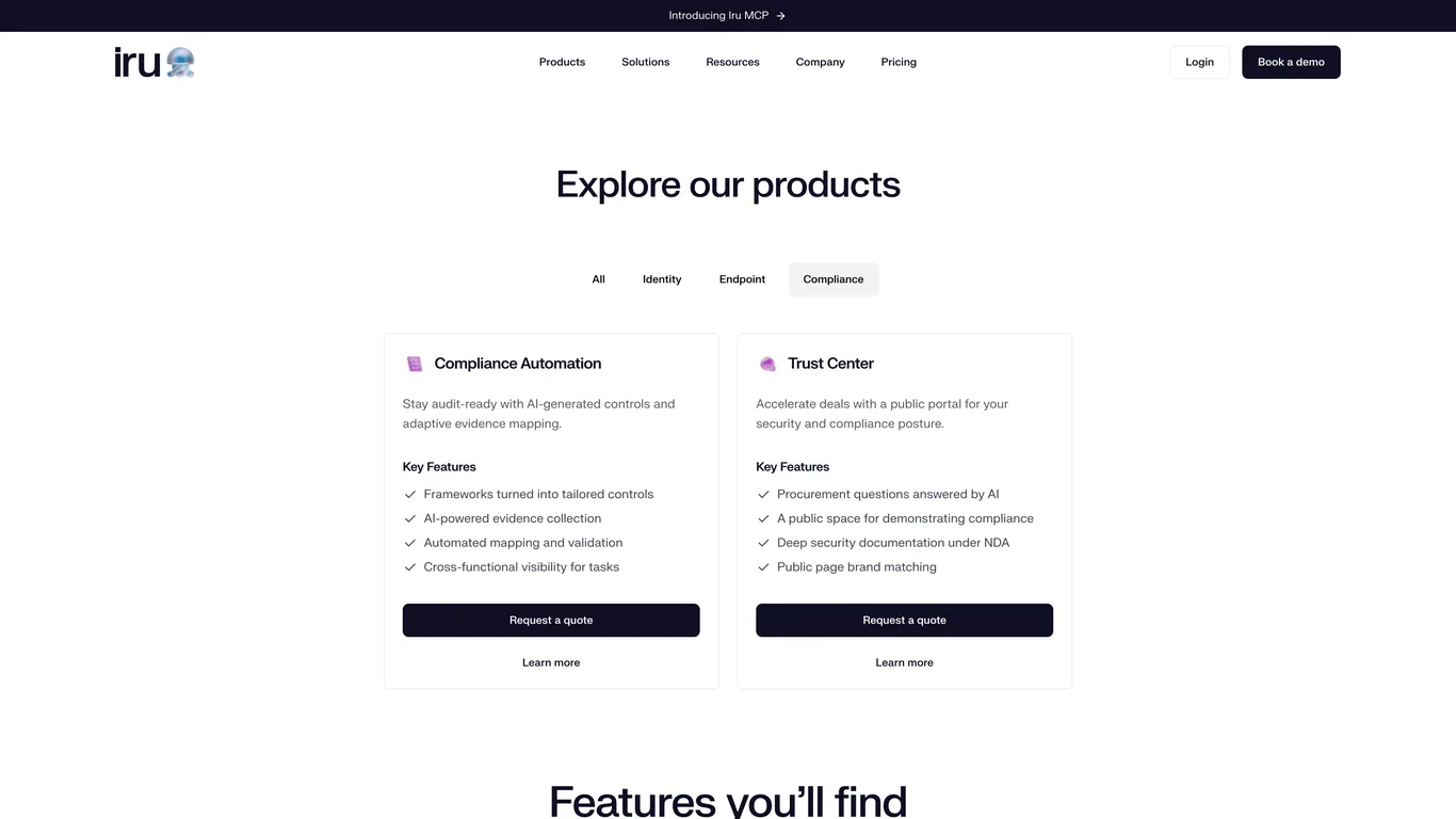 Iru pricing page filtered to Compliance, showing Compliance Automation and Trust Center cards with Request a quote buttons and no dollar prices.