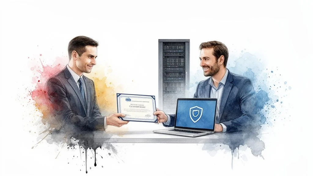 Two smiling men exchange an ISO certificate, with a laptop showing a security shield and server rack.