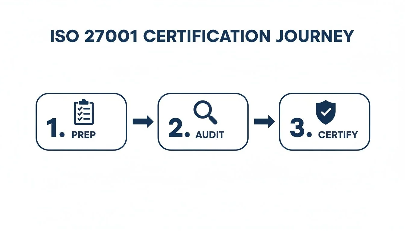 A three-step infographic outlining the ISO 27001 certification journey: 1. Prep, 2. Audit, 3. Certify.