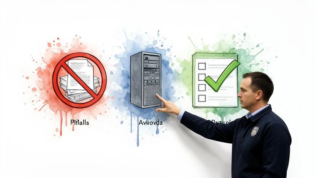 Man pointing at a server, illustrating the transition from pitfalls (documents) to practical solutions (checklist).