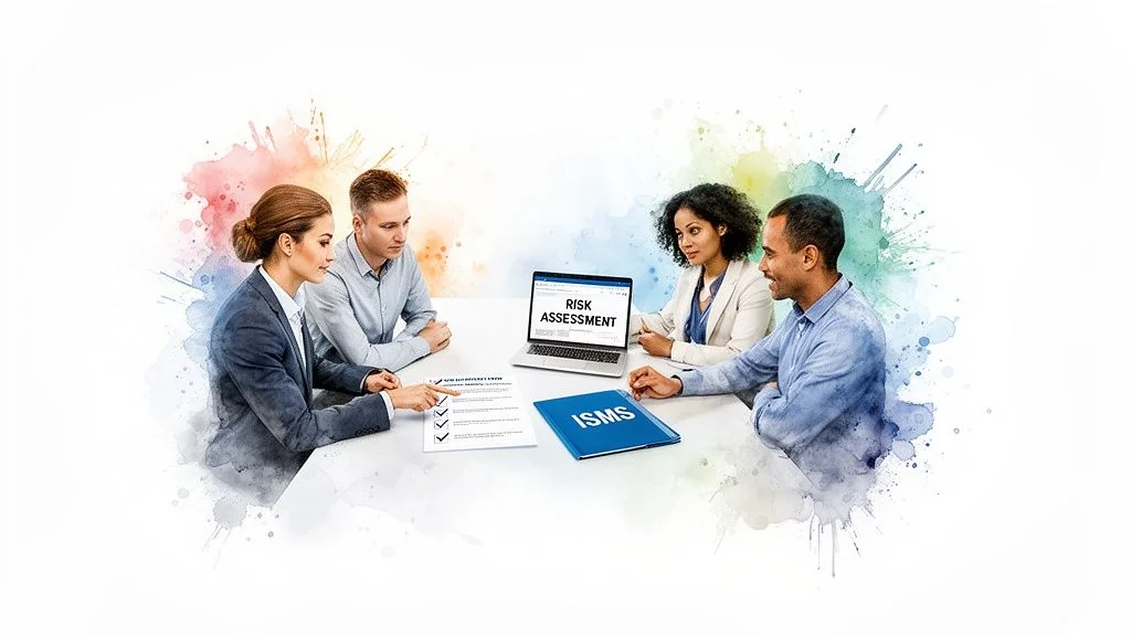 Four diverse professionals collaborating on a risk assessment and ISMS review during a meeting.