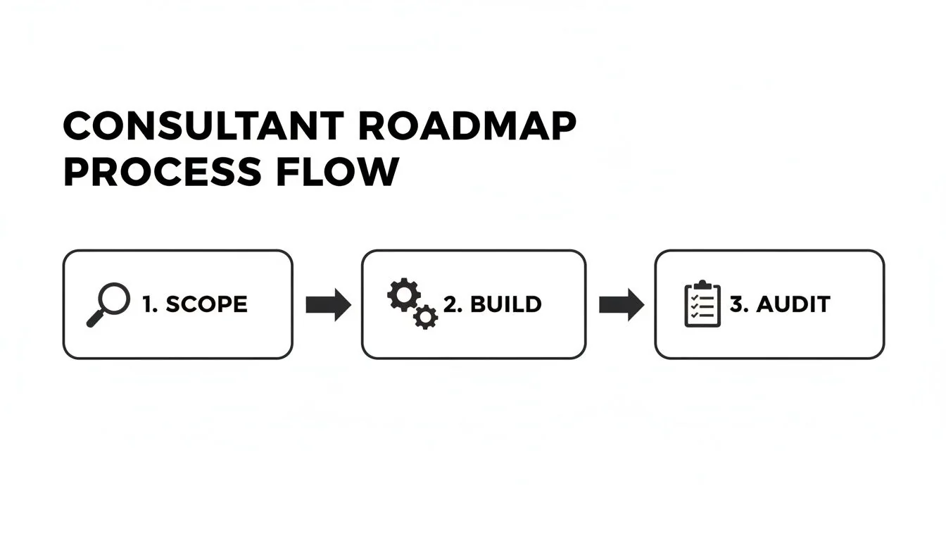 A consultant roadmap process flow diagram with three sequential steps: 1. Scope, 2. Build, and 3. Audit.
