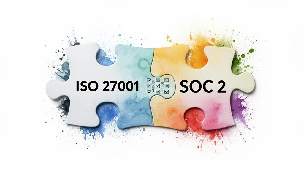 Four puzzle pieces connecting, symbolizing the integration of ISO 27001 and SOC 2 compliance.