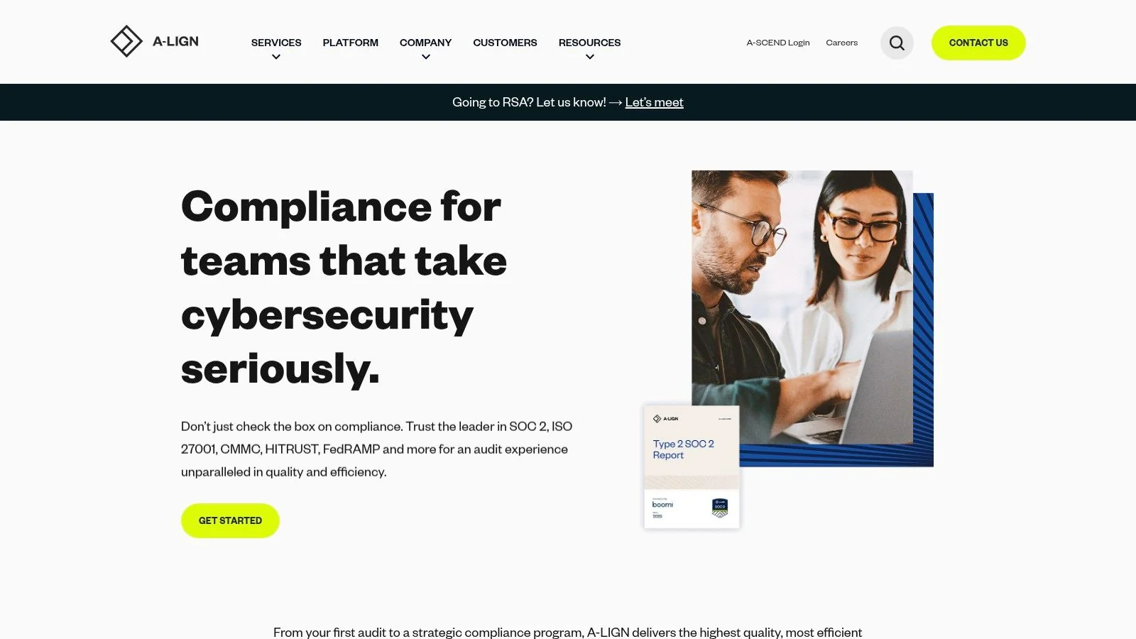 A-LIGN website homepage showing their focus on cybersecurity and compliance services.