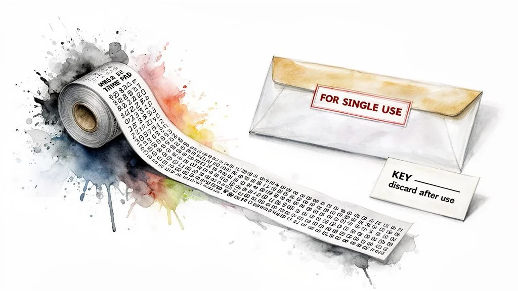 Watercolor illustration of cryptographic tools: a one-time pad, single-use envelope, and a key card.